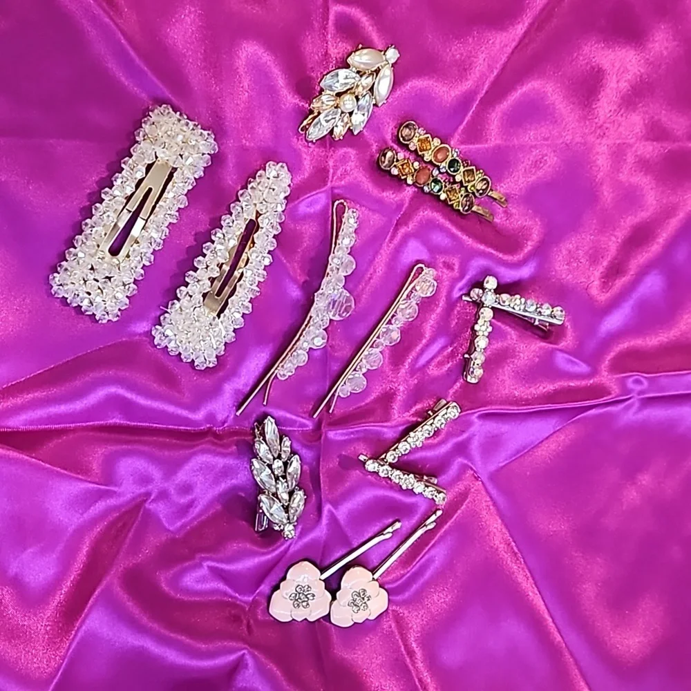Rhinestone and Acrylic Crystal Hair Clips Lot of 14